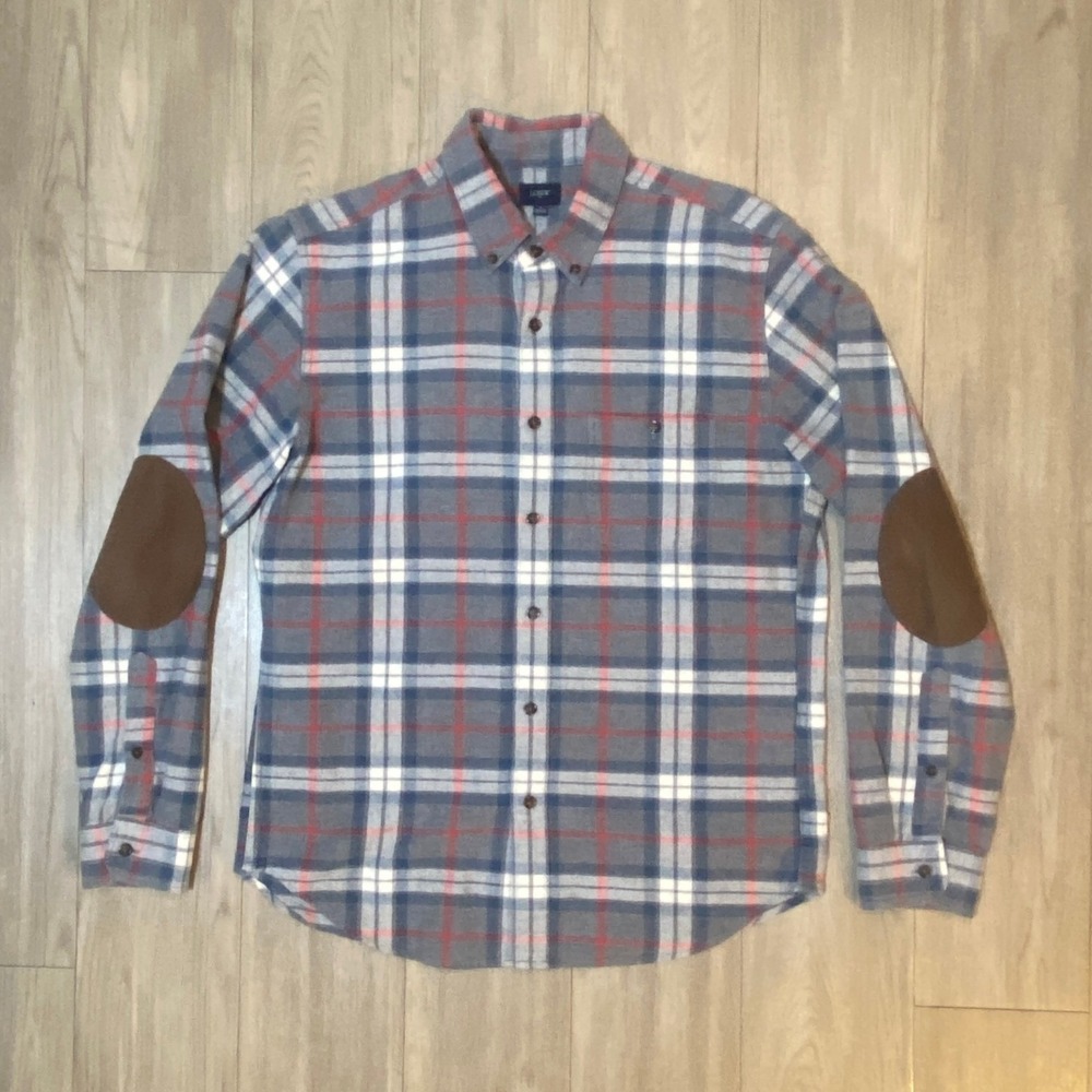 J.Crew Men's Plaid Flannel Shirt Blue Grey Brown Elbow Patches Size M